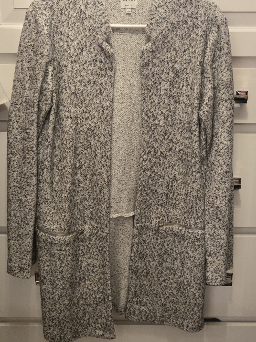 Ellison Marled Gray Open-Front Knit Blazer with Zipper Pockets